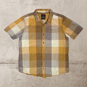 Prana Plaid Short Sleeve Shirt Men's Small Yellow Organic Cotton Western Outdoor
